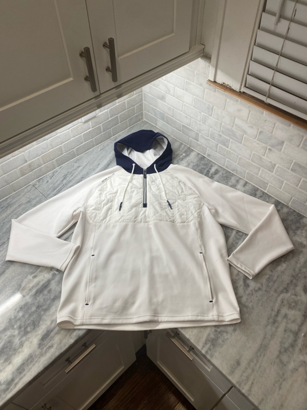 Peter Millar Hooded White Quilted Pullover with Navy Trim